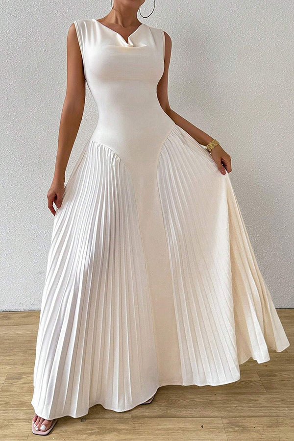 Solid Color Sleeveless Slim Fit Pleated Full Hem Maxi Dress