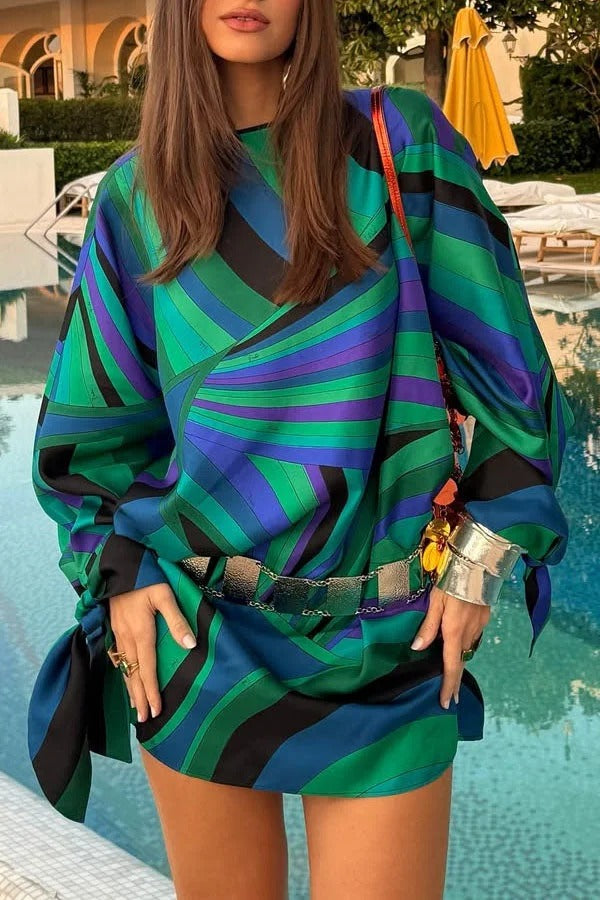 Micah Satin Unique Print Slit Tie-up Sleeve Shift Kaftan Mini Dress
