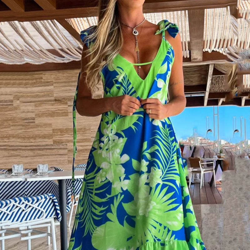 Bowknot Cut Out Printed Maxi Dress