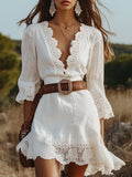 【24-hour shipping out】Women's White Linen V-neck Lace Hem Stitching Lace Mid-length Sleeve Dress