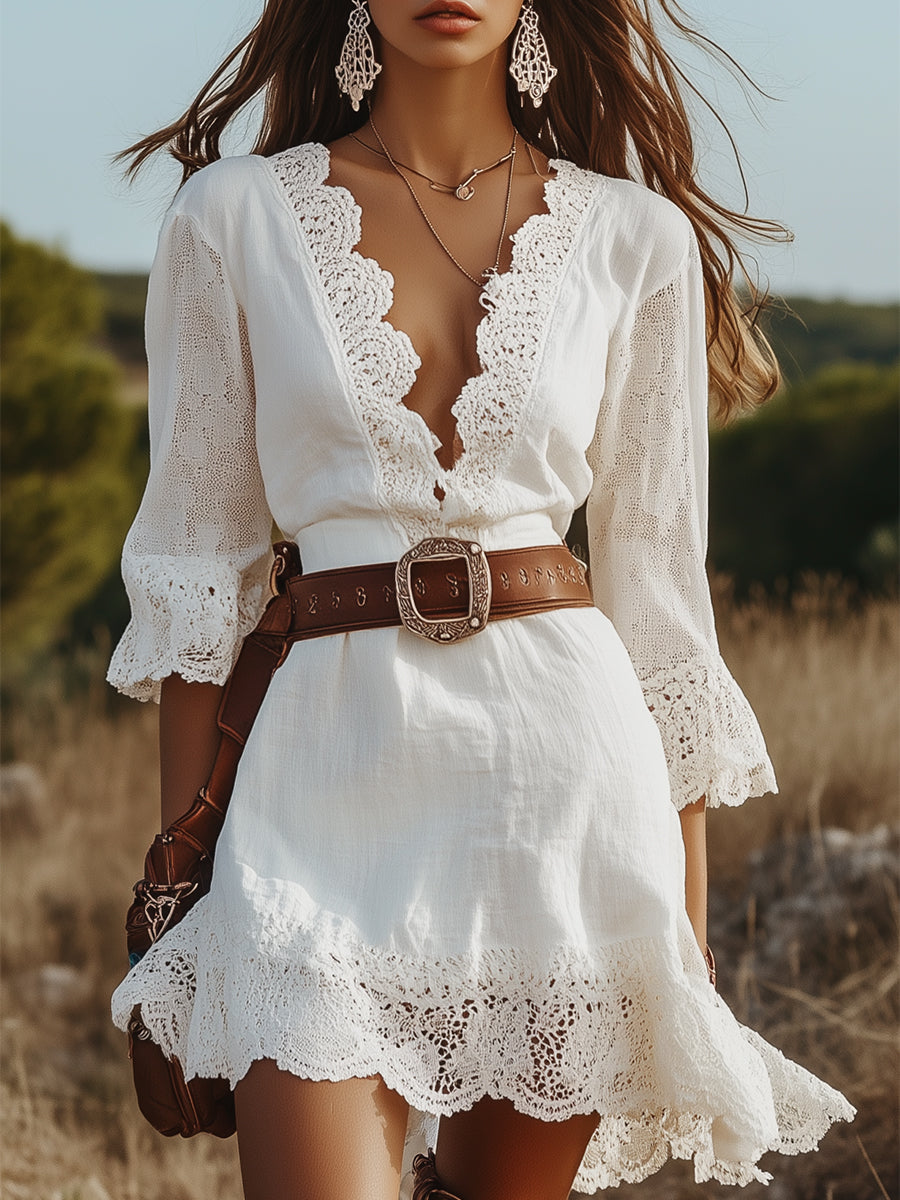 【24-hour shipping out】Women's White Linen V-neck Lace Hem Stitching Lace Mid-length Sleeve Dress