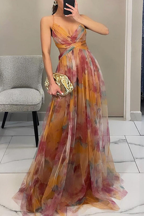 Giselle Tulle Render Floral Print Cutout Waist Back Lace-up Maxi Dress