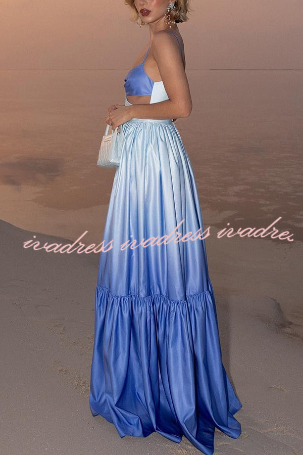 Ocean Breeze Gradient Color Print Cutout Waist Tiered Maxi Dress
