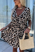 Khaki Leopard Print Backless V Neck Loose Fit Mini Dress