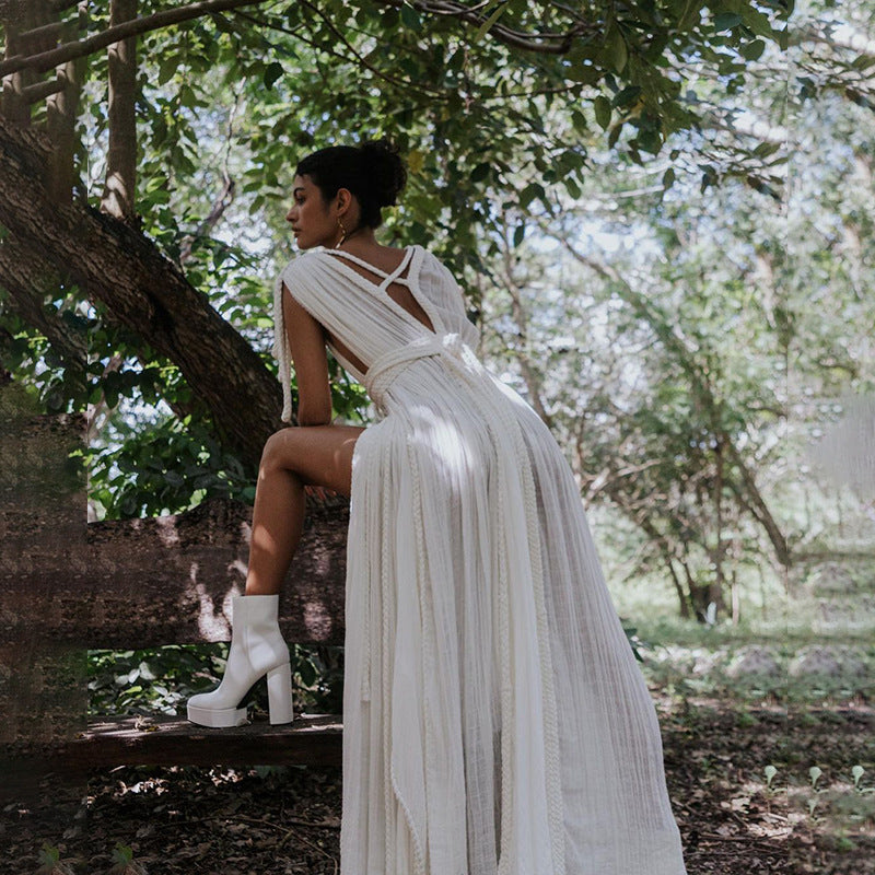 Off Shoulder Halter Maxi Dress(With Belt)