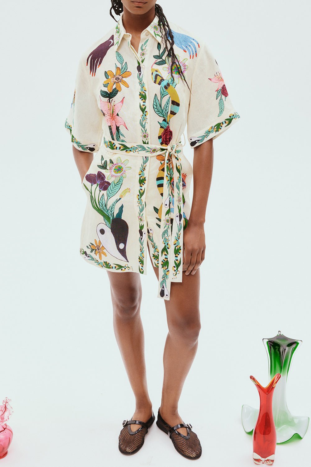 Lace Up Printed Short Slevees Mini Dress
