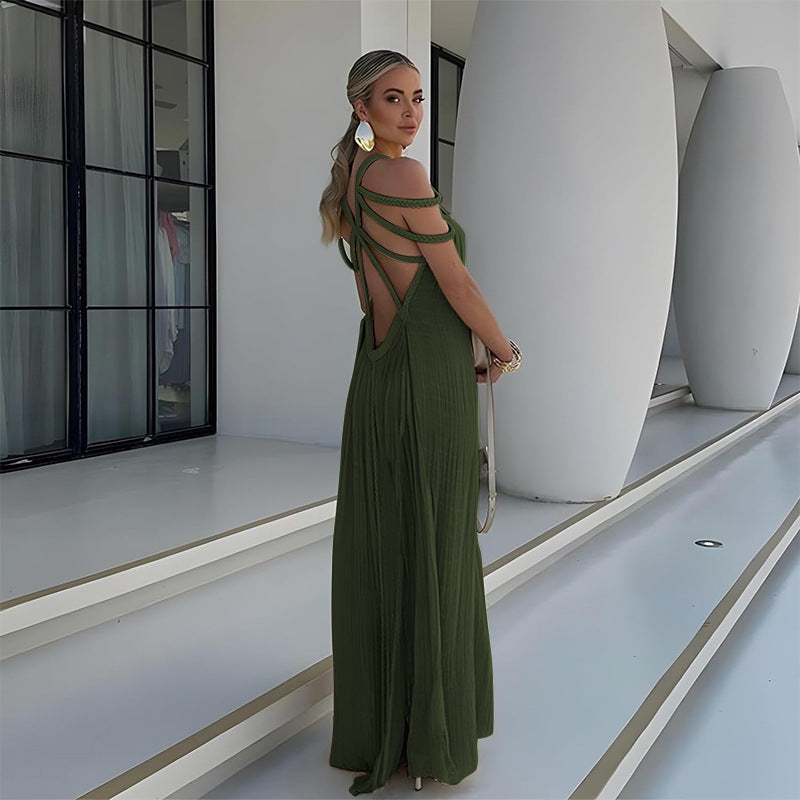 Off Shoulder Halter Maxi Dress(With Belt)