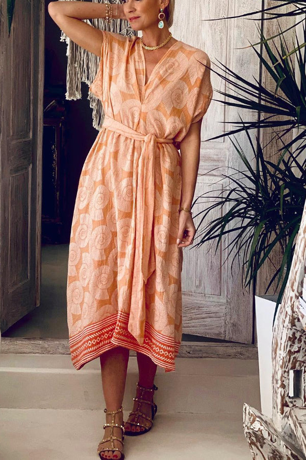 KAFTAN DRESS WITH BELT KOCHYLI CORAL