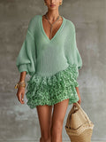 Green Knit and Ruffled Chiffon Mini Dress