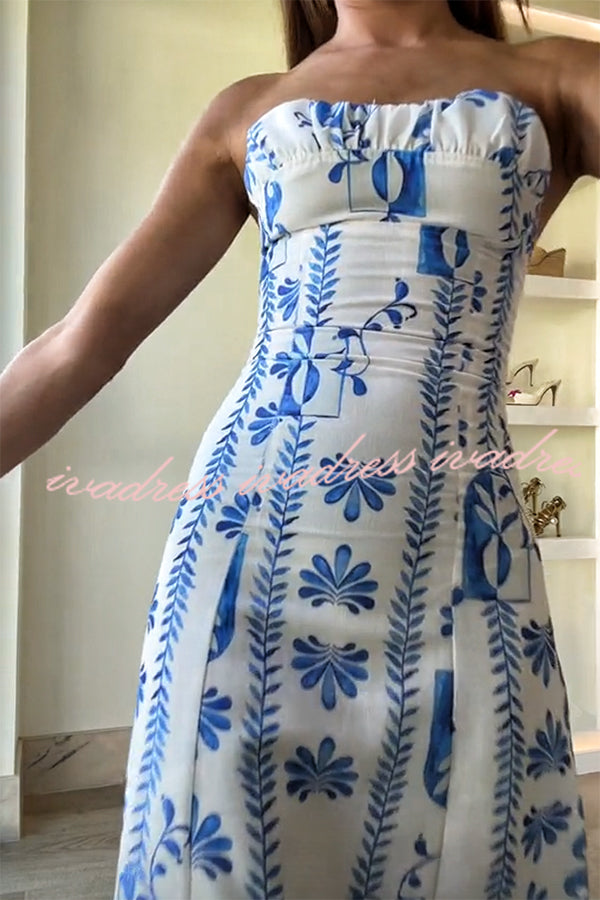Freya Linen Blend Floral Wave Print Ruched Bust Strapless Maxi Dress