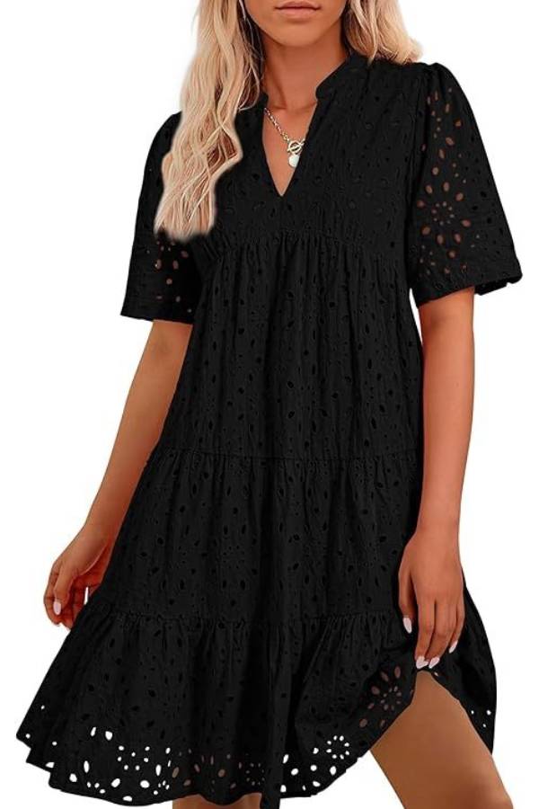 Women's V Neck Short Sleeve Hollow Out Mini Vacation Dress