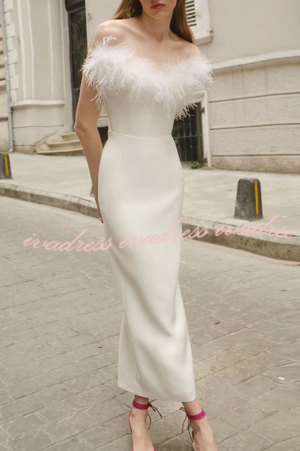 Sivir Feather Off Shoulder High Waisted Slit Maxi Dress