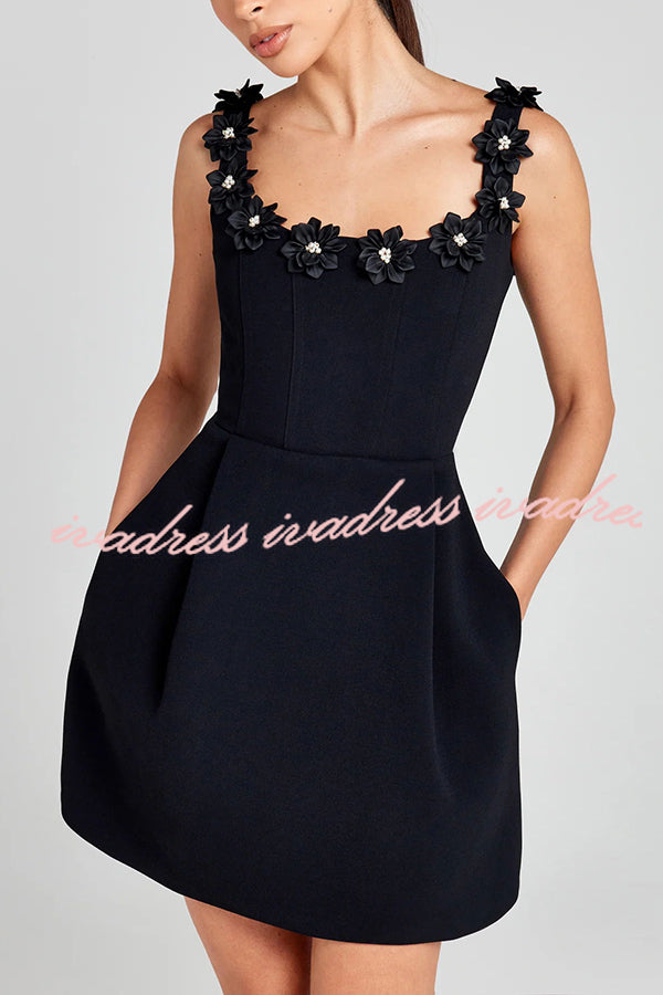 Cindy Faux Pearl Flower Applique Square Neck Pocketed Mini Dress