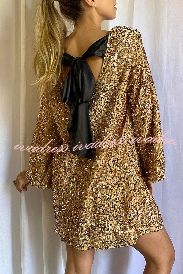 Dance All Night Sequin Back Tie Up Bow Loose Mini Dress