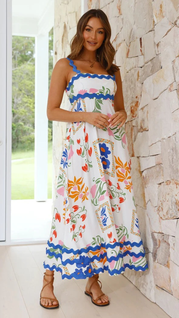 Floral Printed Wave Bandeau Fashion Maxi Dress