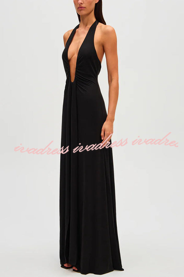 Sexy Silhouette Deep U-neck Halter Waterfall Sash Drape Maxi Dress