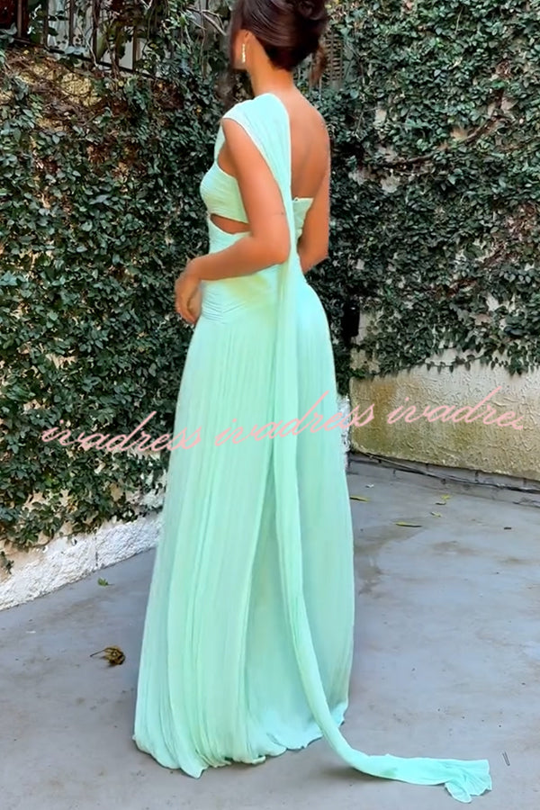 Forest Muse Chiffon Pleated Off Shoulder Cutout Waist Cape Maxi Dress
