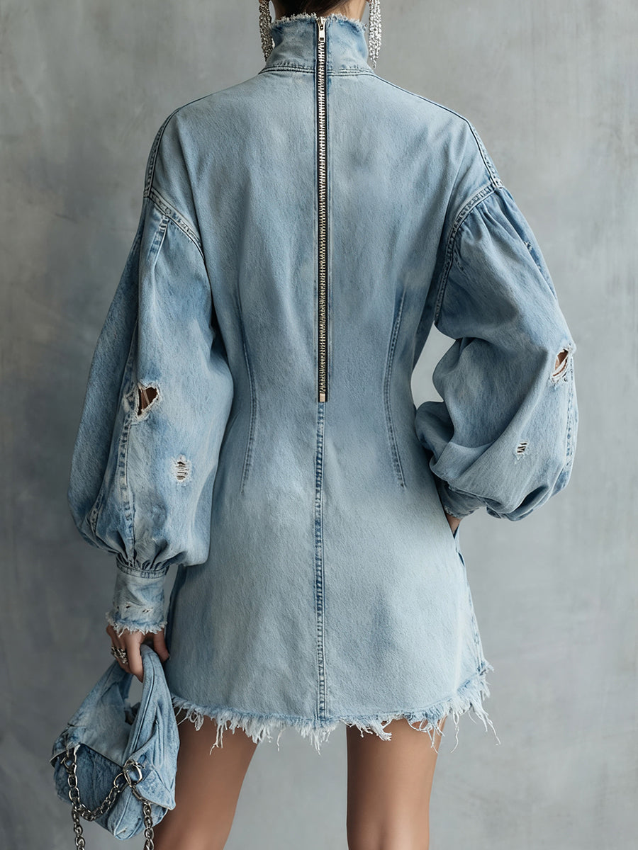 sheenchic Festival Blue High Collar Lantern Sleeve Long Sleeve Trimmings Vintage Ripped Denim Mini Dresses