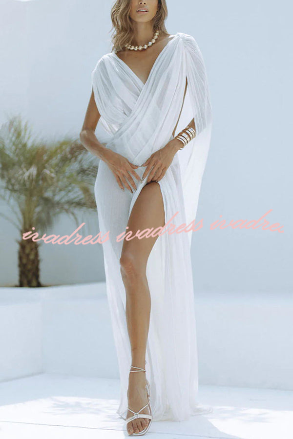 Enjoy Your Vacation Linen Blend Ruched Shoulder Drape Loose Cover Up Maxi Dress