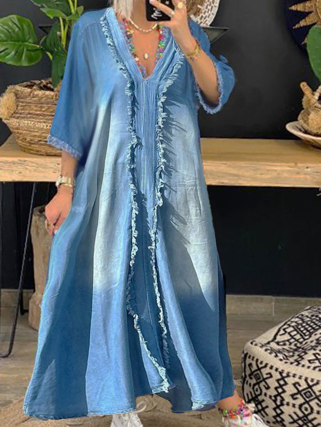 sheenchic Denim Raw Trim V Neck 3/4 Sleeve Maxi Dress