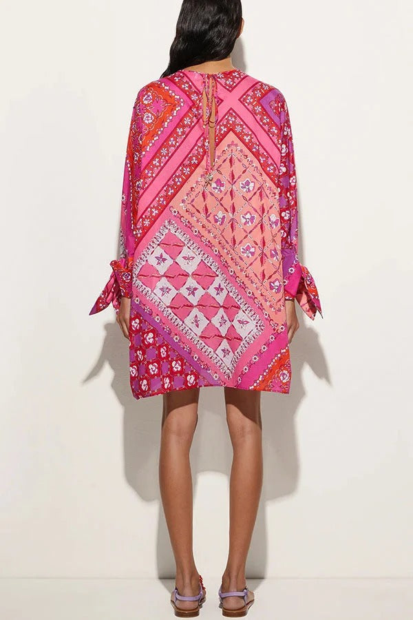Micah Satin Unique Print Slit Tie-up Sleeve Shift Kaftan Mini Dress