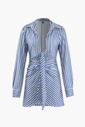 Stripe Deep V-neck Mini Shirt Dress