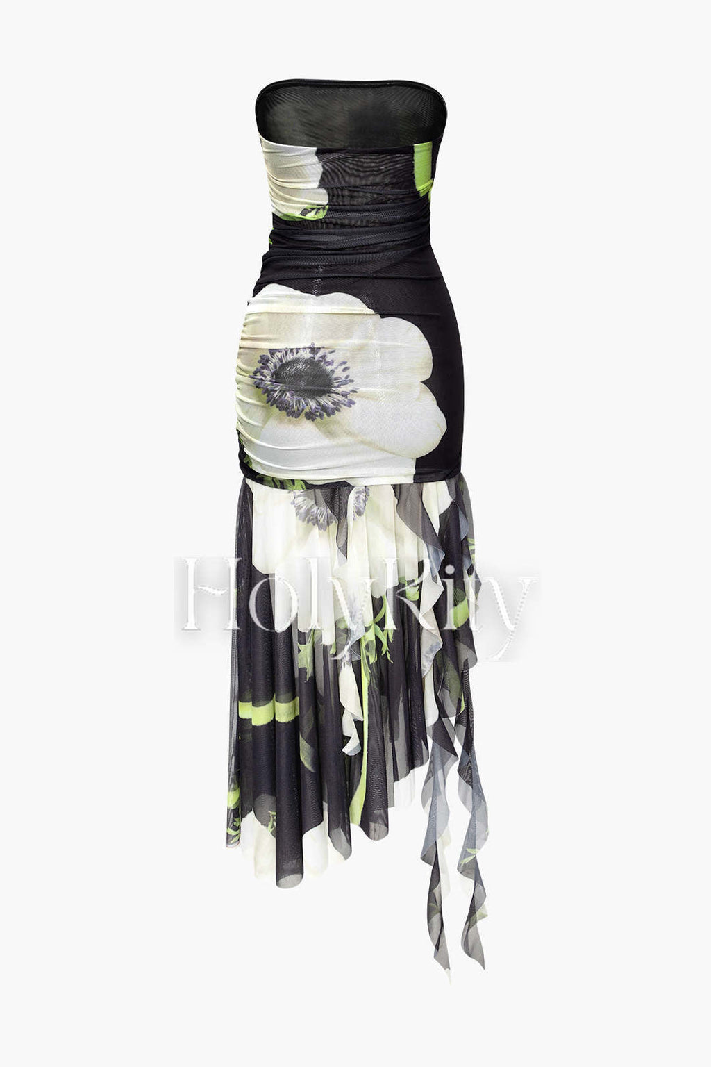 Floral Print Mesh Asymmetric Ruffle Hem Mini Dress