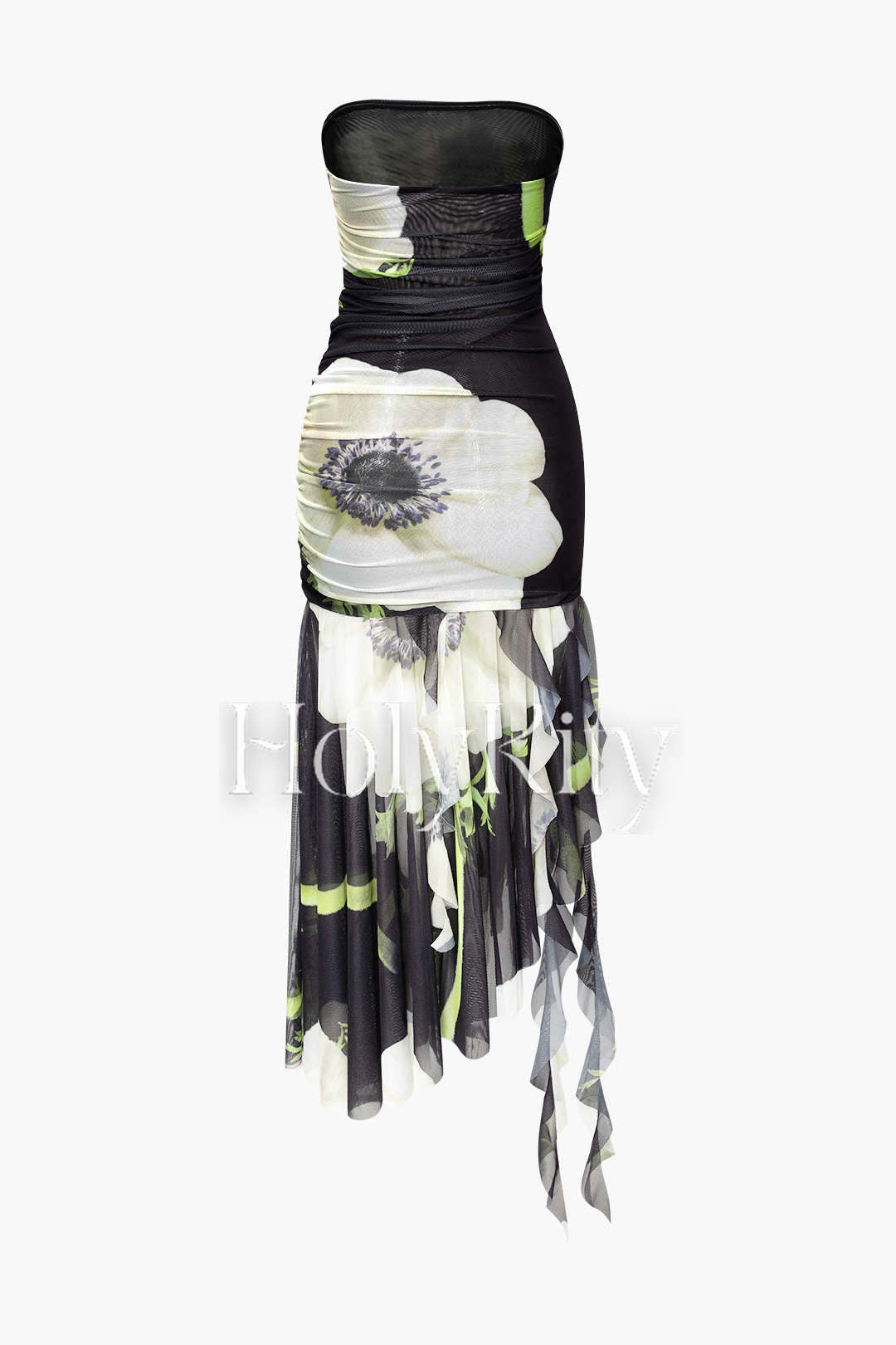 Floral Print Mesh Asymmetric Ruffle Hem Mini Dress