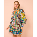 Lace up Printed Lantern Long Sleeve Mini Dress