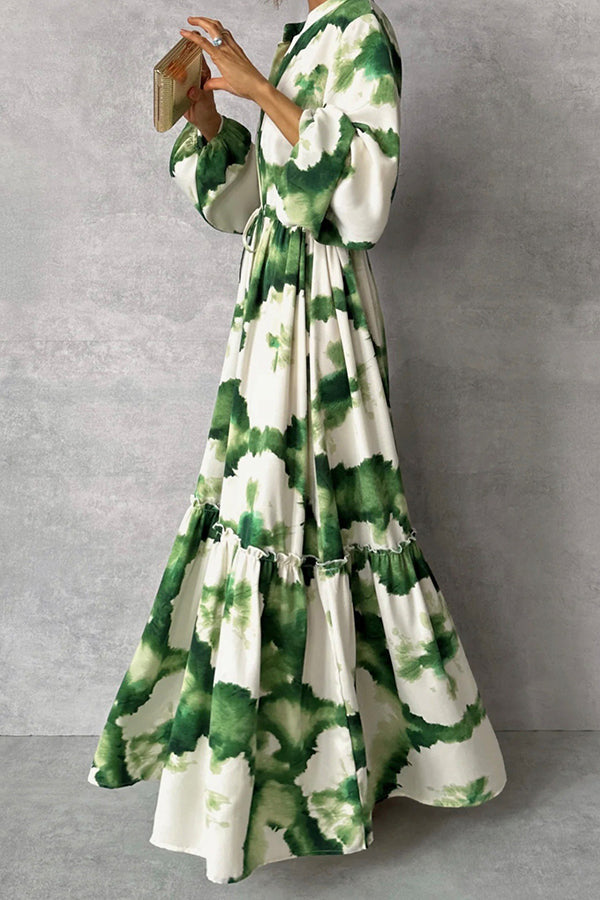 Unique Printed V-neck Long Sleeve Waist Tie-down Maxi Dress