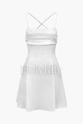 Pleated Satin Knot Back Mini Dress