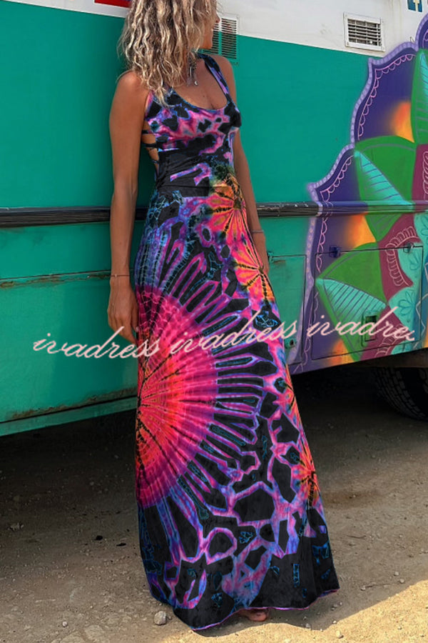 La Bamba Tie-dye Print Back Lace-up Stretch Maxi Dress