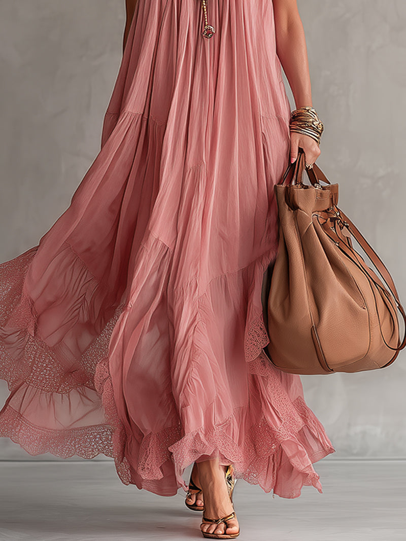 Pink Chiffon Maxi Dress With Ruffled Hem And Flowing Silhouette