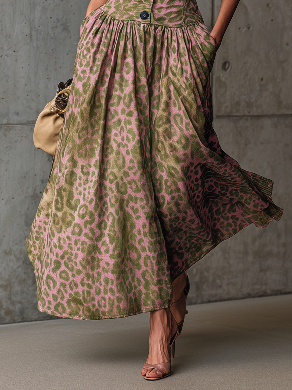 Strapless Button-Front Maxi Dress With Fitted Bodice And Animal Print