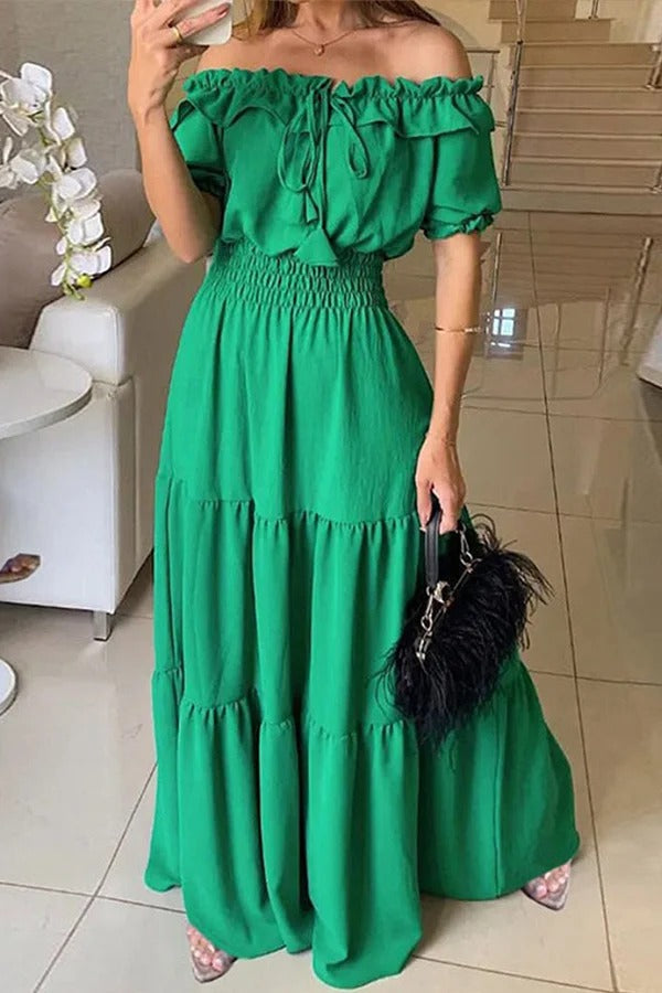 Admit Your Feelings Off Shoulder Smocked Waist Maxi Dress