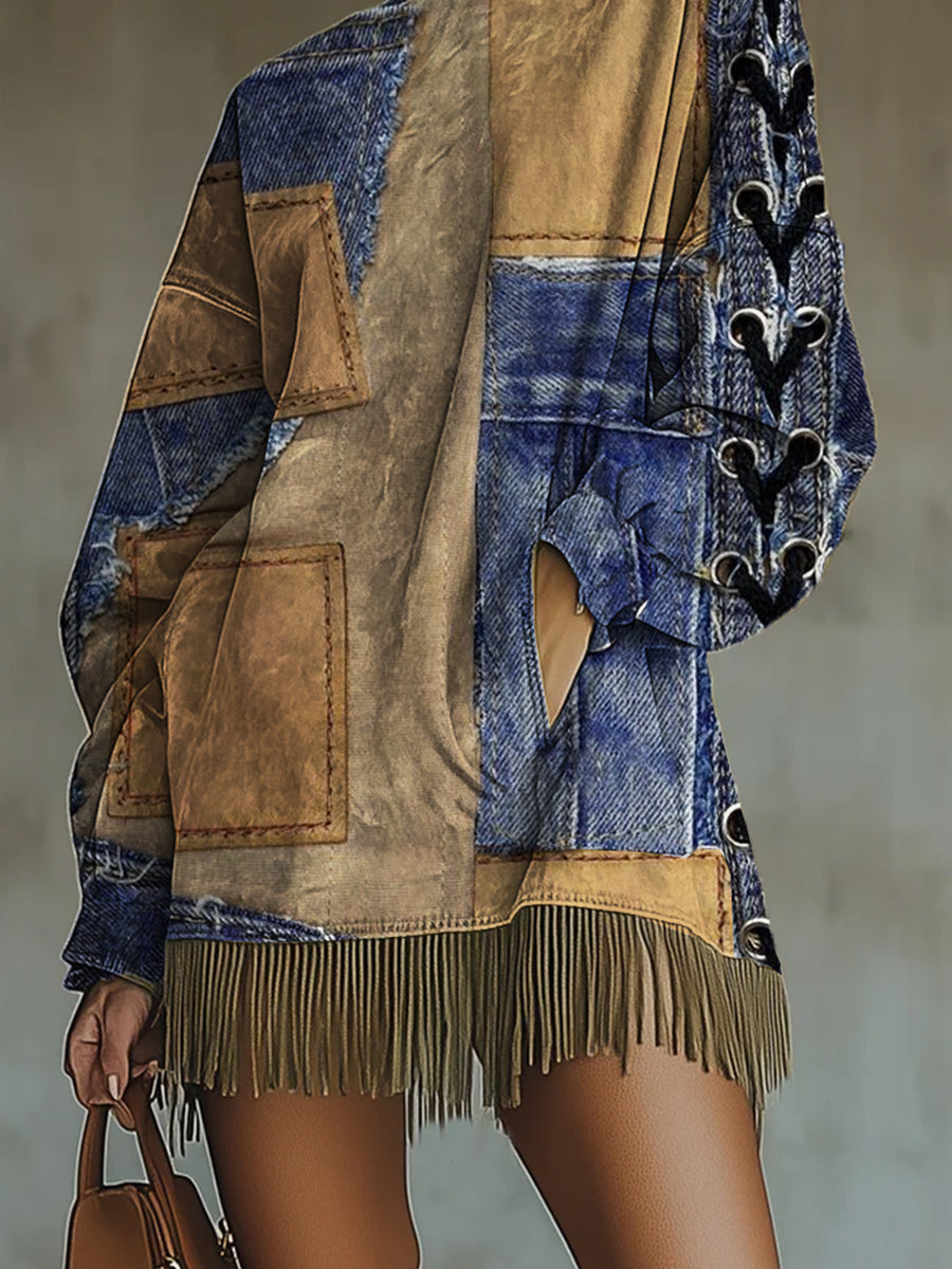 sheenchic Festival Brown High Collar Lantern Sleeve Long Sleeve Strappy Western Contrast Mini Dresses