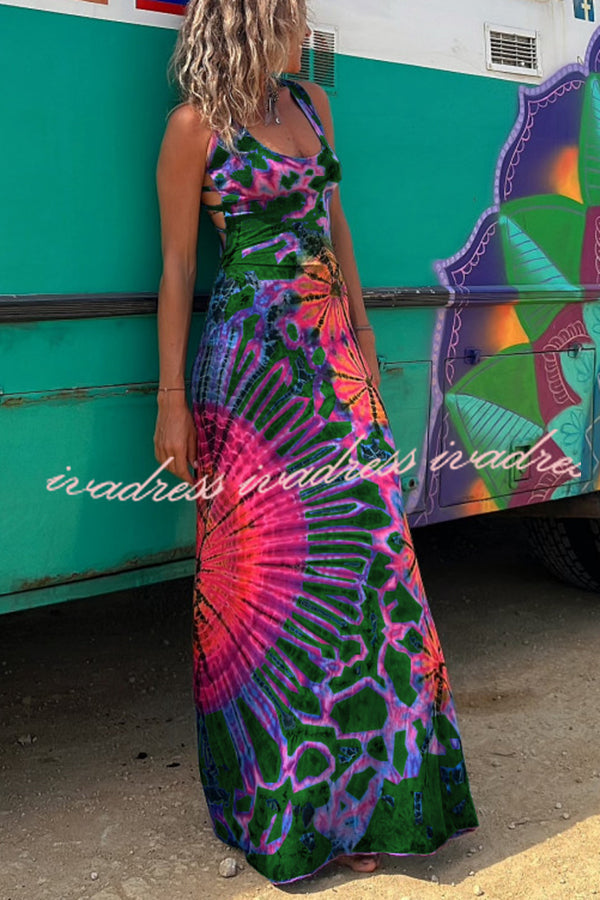 La Bamba Tie-dye Print Back Lace-up Stretch Maxi Dress