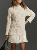 Daily Chiffon Beige Round Neck Long Sleeve Contrast Casual Knitted Mini Dresses