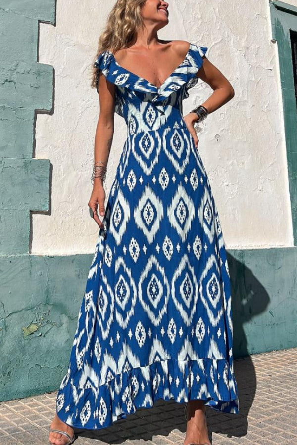 TUNISIA BLUE PRINTED. LONG DRESS