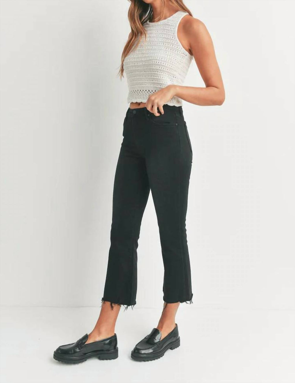 Just Black Denim - High Rise Frayed Crop Flare Jeans