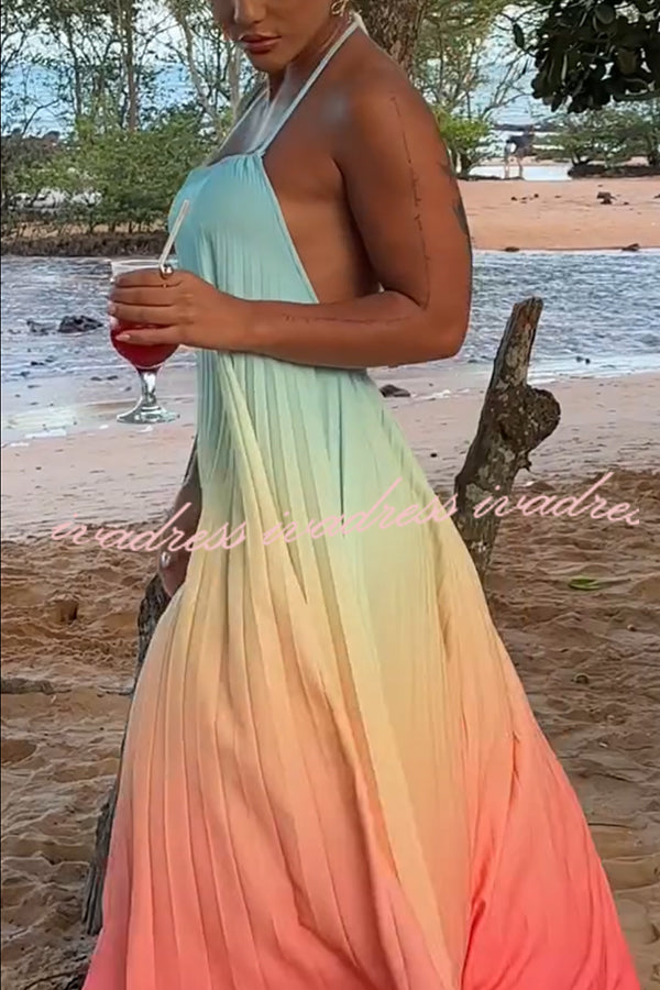 Sea goddess Gradient Print Pleated Halter Backless A-line Maxi Dress