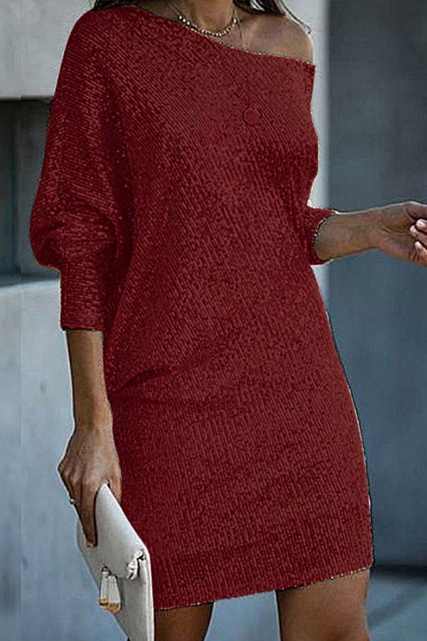 Sequined One Shoulder Off-The-Shoulder Batwing Sleeve Party Dress