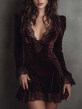 Polyester Velvet Lace Trim Mini Dress - Burgundy