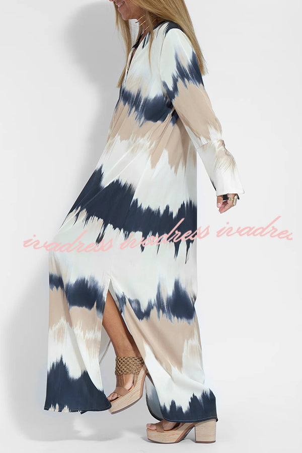 Tie Dye V Neck Pullover Long Sleeve Maxi Dress