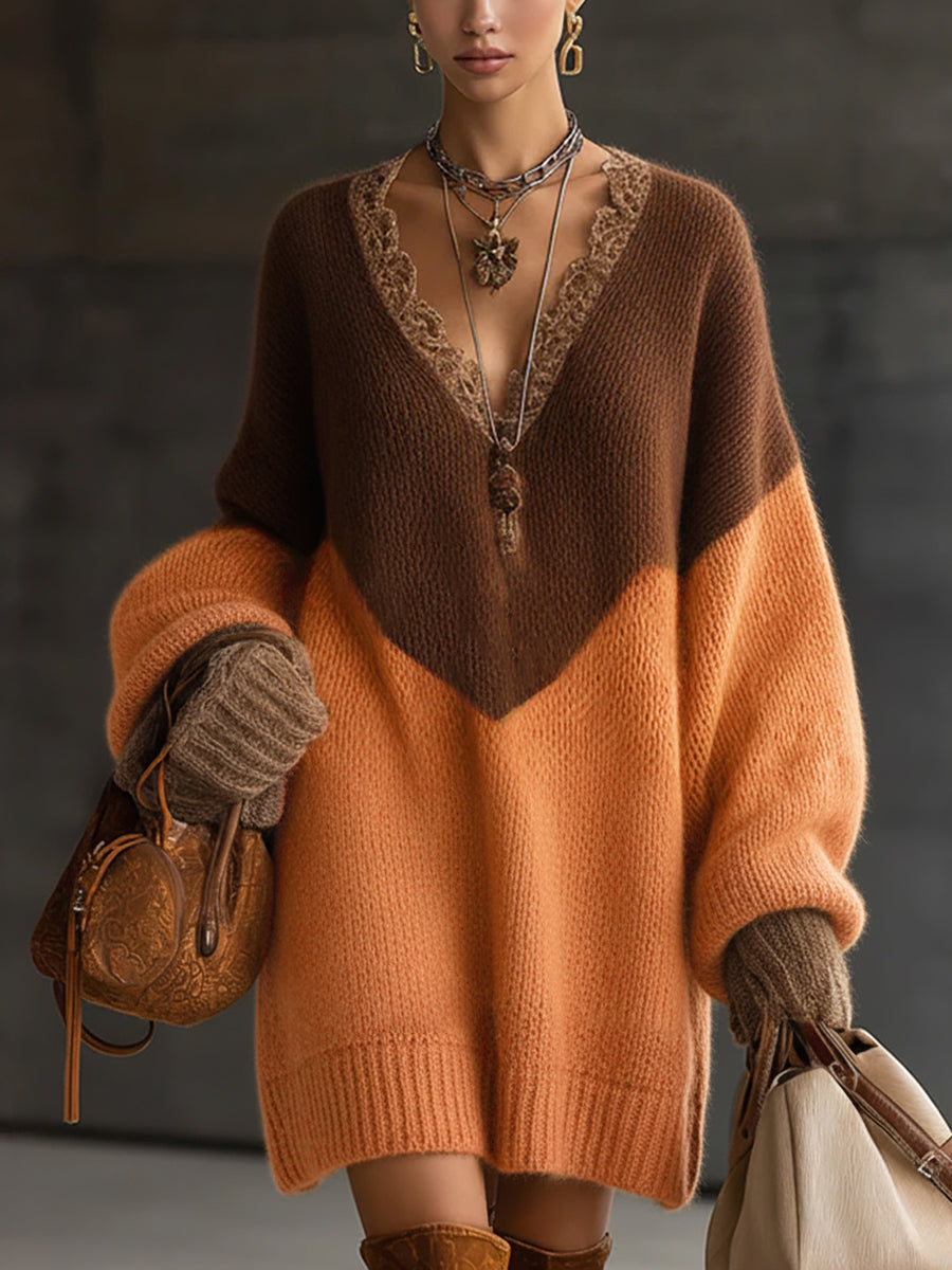 sheenchic Party Lace Brown Colorblock V Neck Lantern Sleeve Long Sleeve Contrast Boho Knitted Mini Dresses