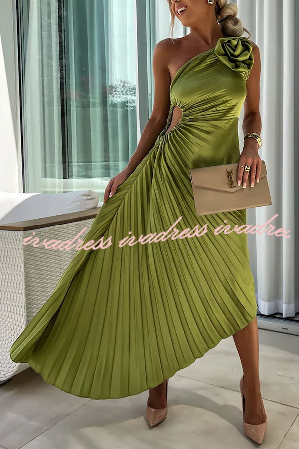 Romantic Nights Satin Raised Flower Elastic Cutout One Shoulder Pleated Maxi Dress