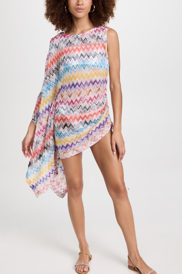 Arloe Knit Colorful Zigzag Pattern Asymmetric Flare Sleeve Ruched Tie-up Mini Dress