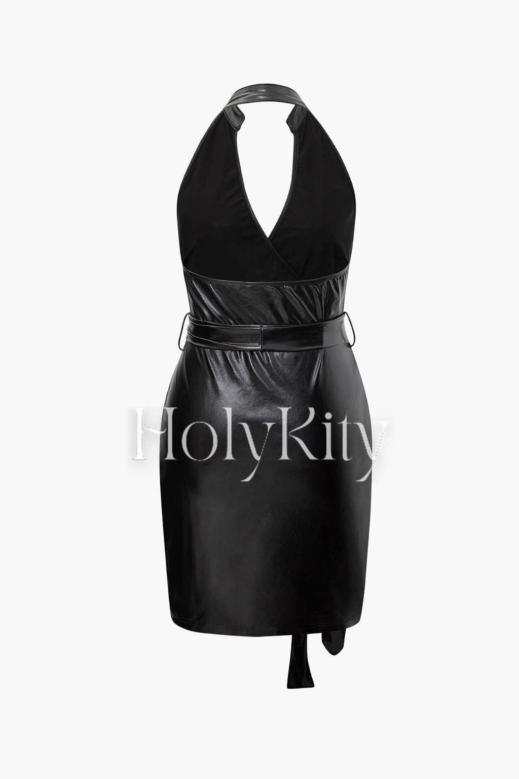 Faux Leather Backless V-neck Wrap Mini Dress