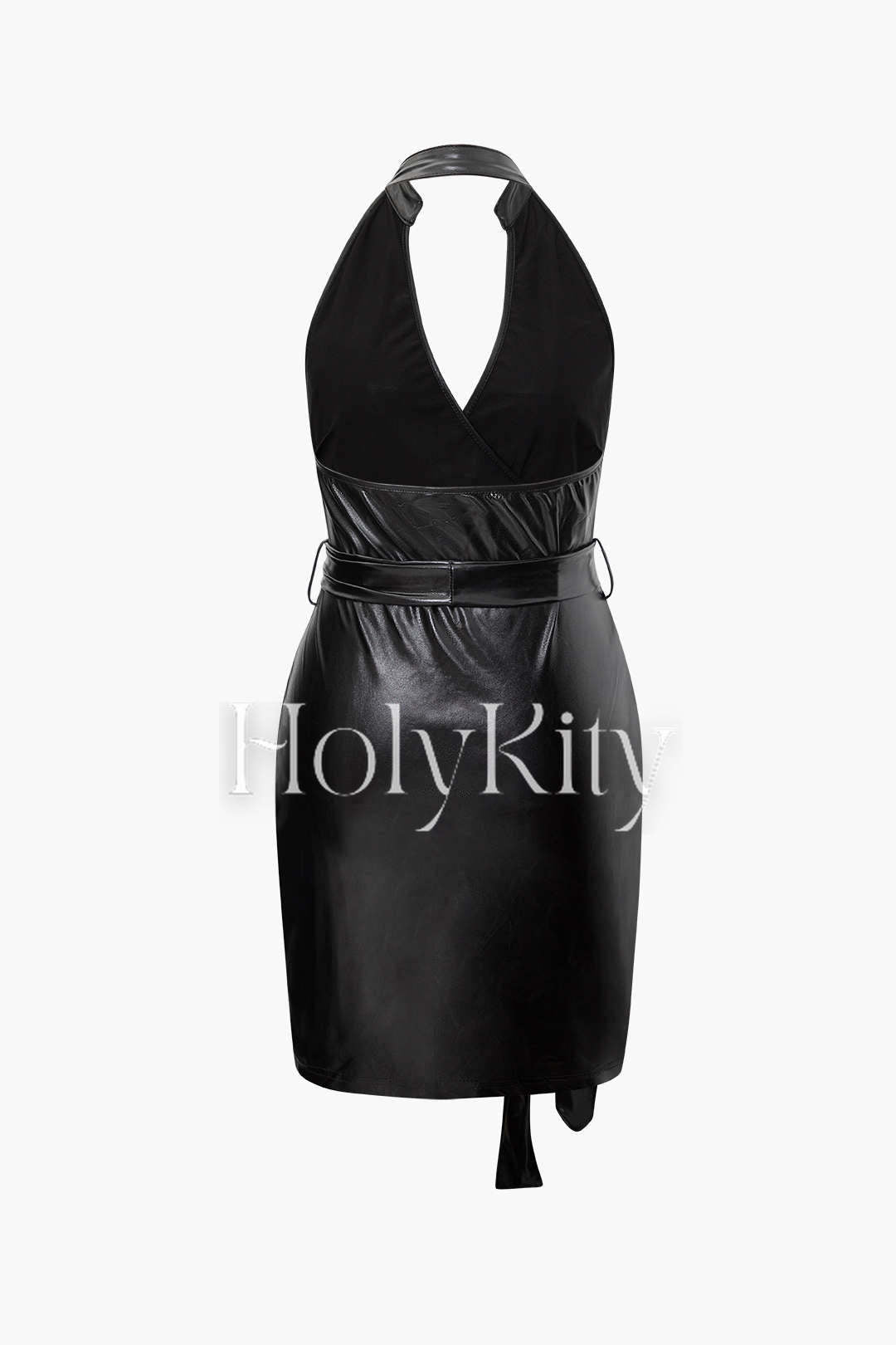 Faux Leather Backless V-neck Wrap Mini Dress