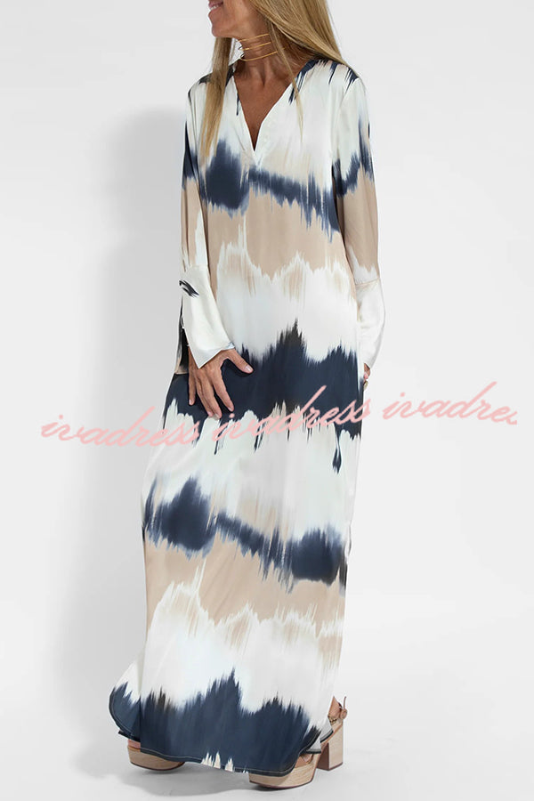 Tie Dye V Neck Pullover Long Sleeve Maxi Dress